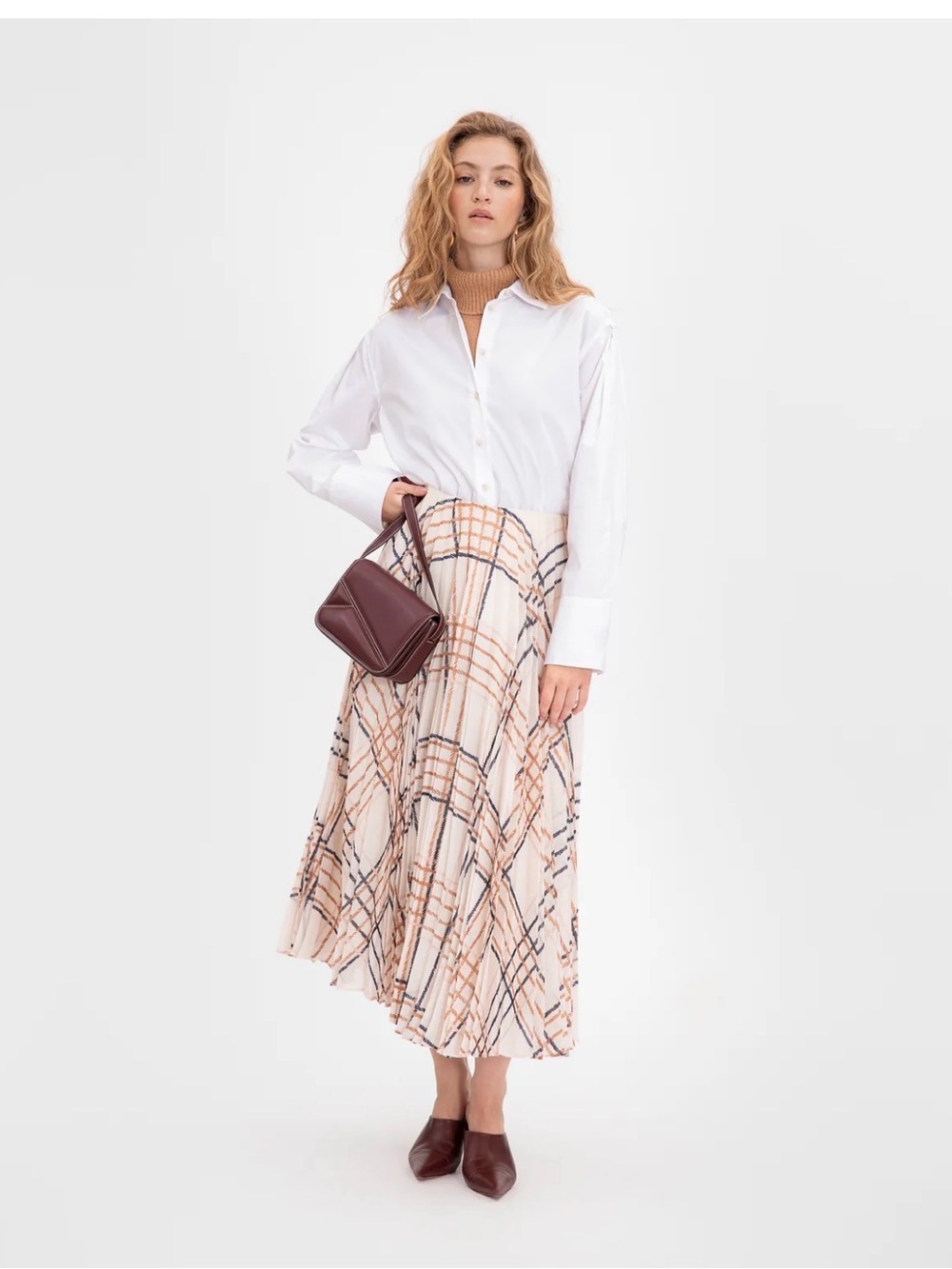 Tanya Taylor Cream Plaid Pleated Midi Skirt